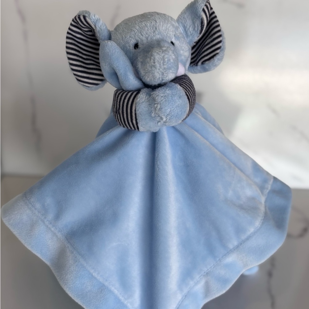 Carters Blue Elephant Rattle Lovey Security Blanket Navy Stripe Plush Satin EUC